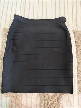 Black Bandage Pencil Skirt with Cream Side Stripe